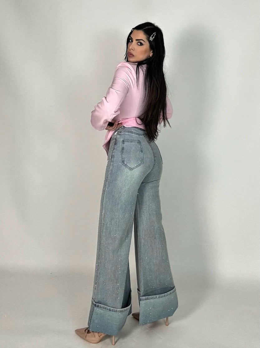 Jeans wide leg con strass e risvolto “Ramona”