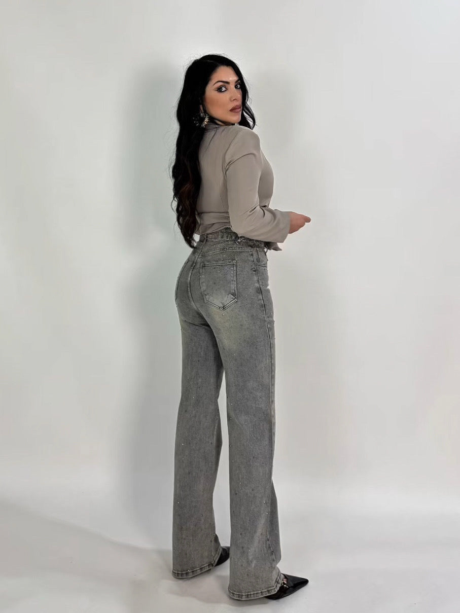 Jeans wide leg tortora con strass “Noemi”